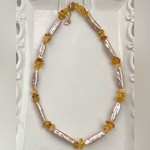 GP31-Handmade Natural Baltic Amber And Pink Chopstick Pearl Necklace
